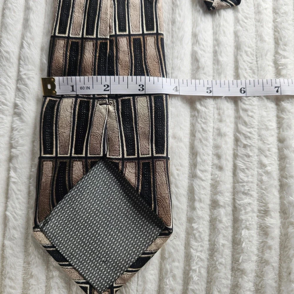 Mens 100% Silk Geometric Necktie 60in Brown Black Tan Modernist Retro